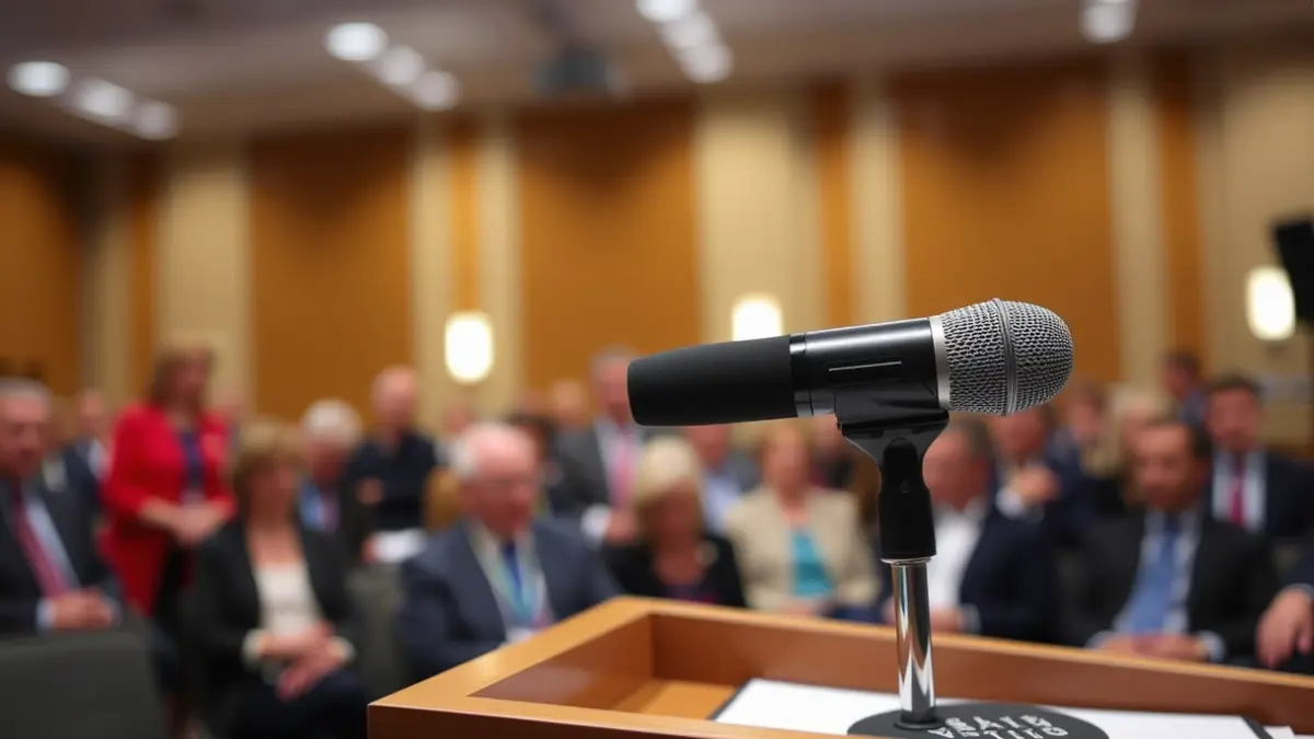Generic image of a microphone on a podium during an informational session.