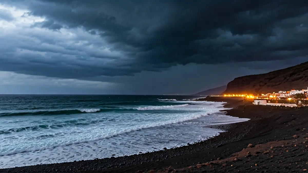 Image of a stormy sky over the Canarian coast with large waves and heavy rain.