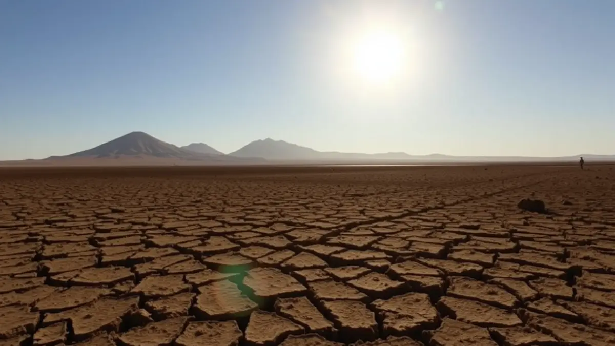 Imagen de un paisaje árido en las Islas Canarias, con tierra agrietada bajo un sol abrasador.