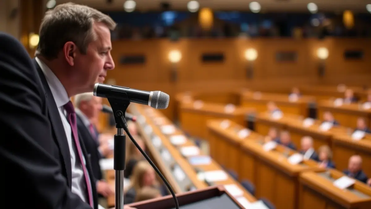 Generic image of a microphone on a podium during a conference or parliamentary session.
