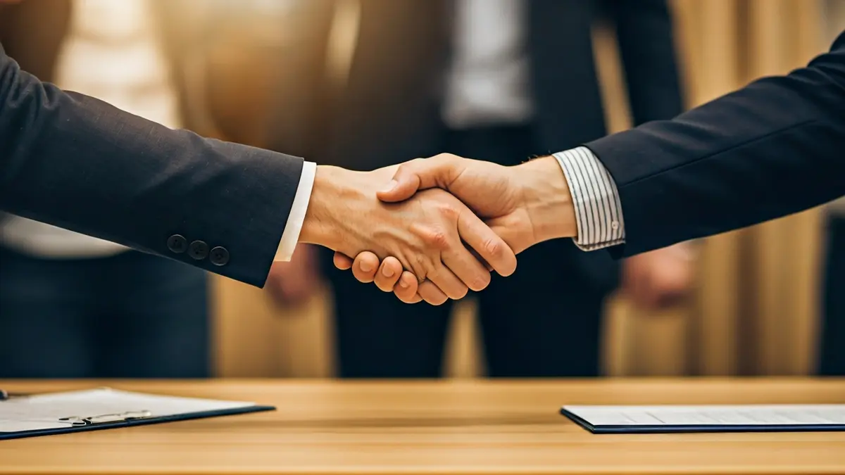 Imagen genérica de dos manos estrechándose sobre un escritorio con documentos borrosos, simbolizando un acuerdo de financiación.