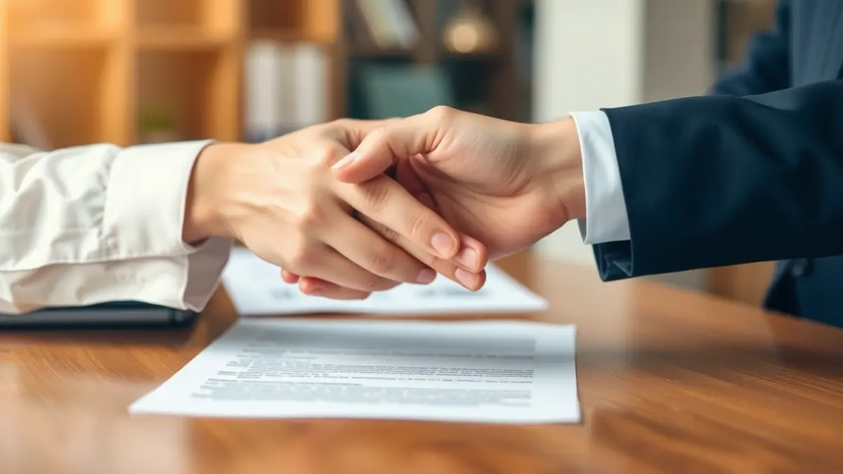 Generic image of a handshake over a desk, symbolizing negotiations or agreements.