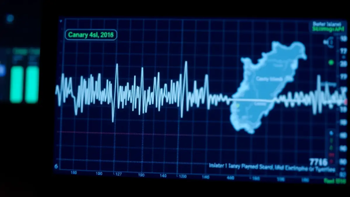 Generic image of a seismograph displaying seismic activity with a blurred map of the Canary Islands in the background.