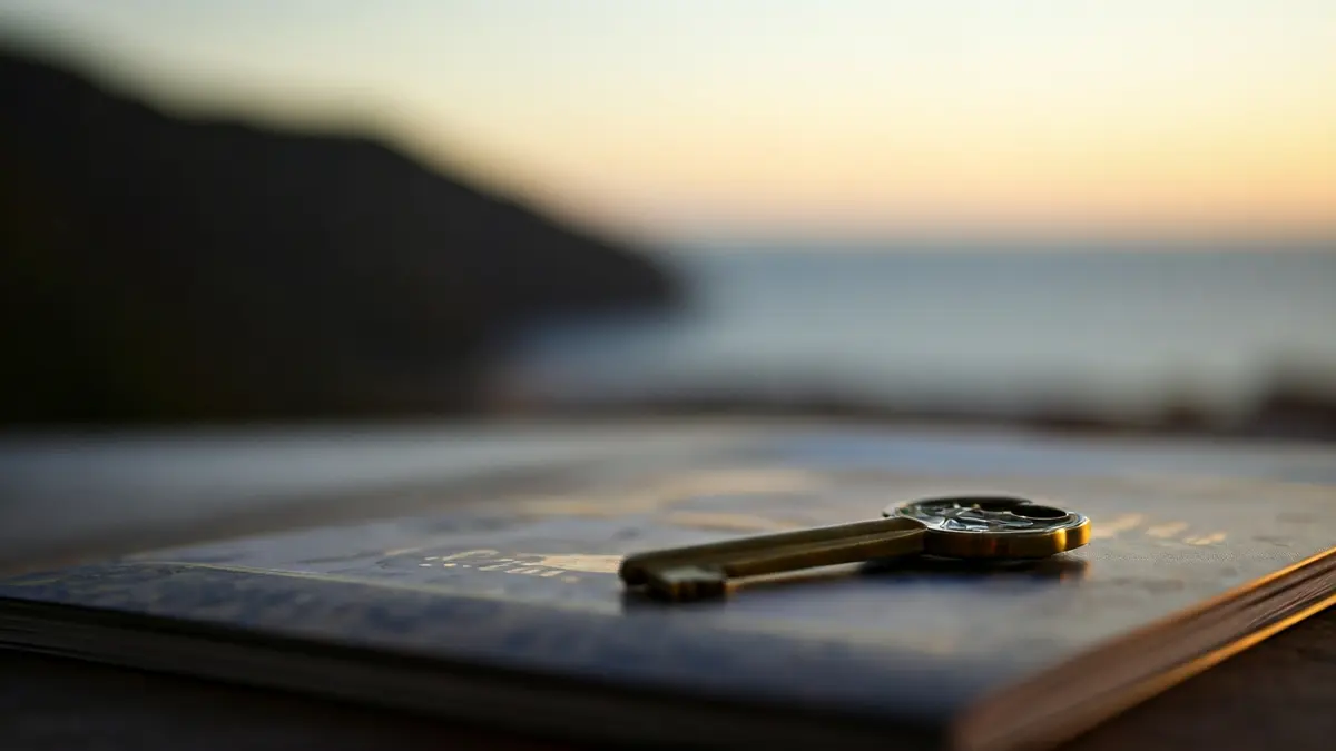 Image of a golden key on a luxury real estate brochure with a Canary Islands coastal landscape in the background.