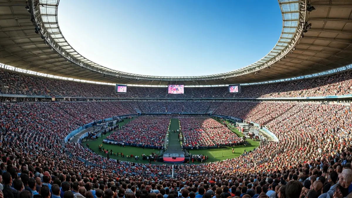 Imagen de un estadio lleno de gente durante un evento masivo, con pantallas gigantes.