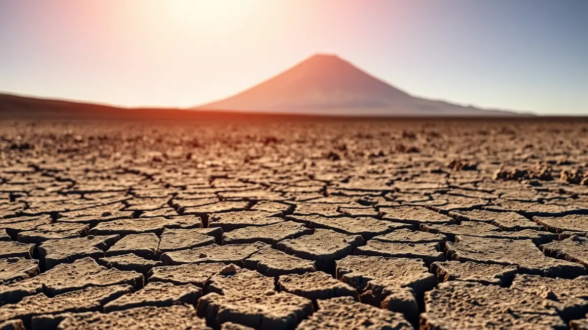 Generic image of a parched, cracked earth landscape under a scorching sun, with a blurred volcanic mountain in the background, suggesting extreme heat in the Canary Islands.