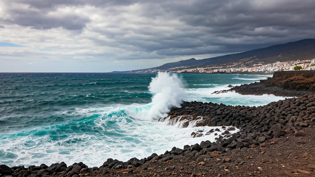 Generic image of a rough sea with large waves and a cloudy sky on a rocky Canary Islands coastline.