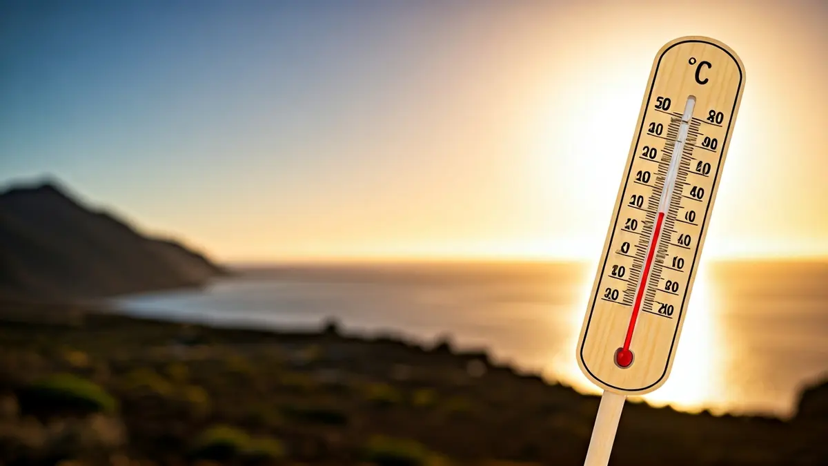 Imagen genérica de un termómetro marcando altas temperaturas bajo el sol, con un paisaje volcánico y el océano de fondo.