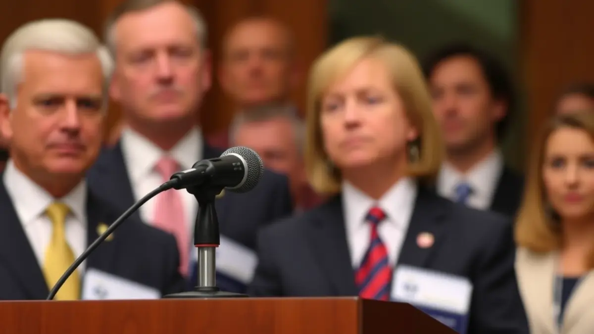 Generic image of a microphone on a podium during a press conference.