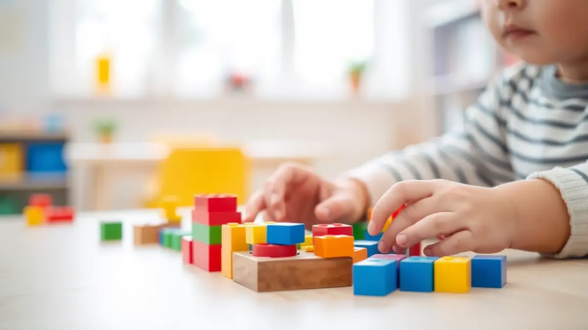 Generic image of a child's hands playing with building blocks in a classroom.