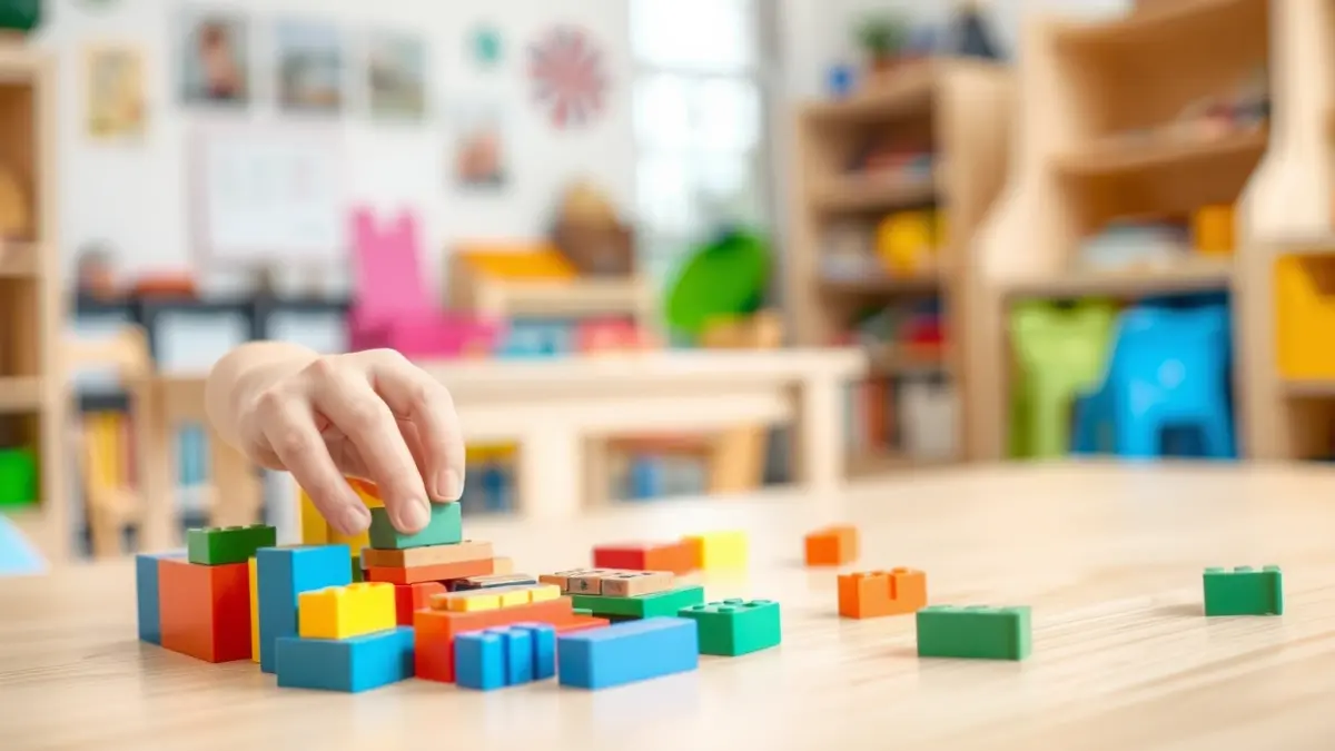 Imagen genérica de manos de un niño jugando con bloques de construcción en un aula.