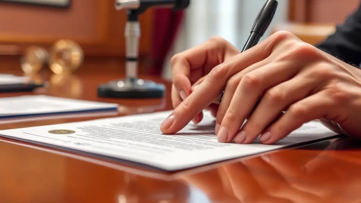 Imagen genérica de manos firmando un documento oficial.