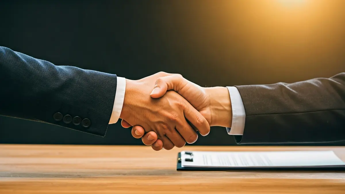 Imagen genérica de una negociación o acuerdo, con dos manos estrechándose sobre una mesa con documentos.