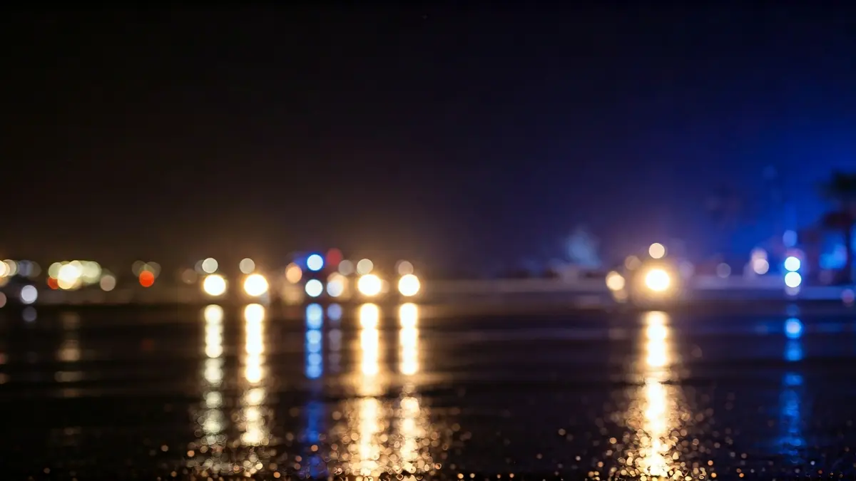 Generic image of emergency lights reflected on wet asphalt after a storm.