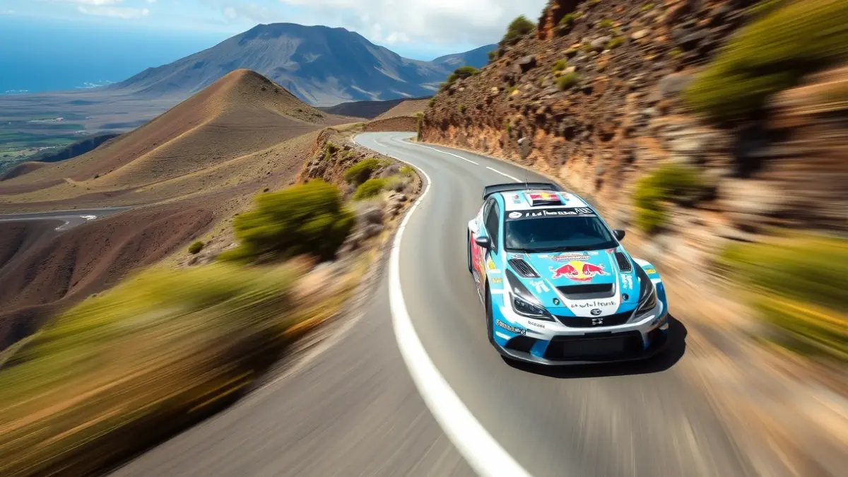 Rally car on a mountain road in the Canary Islands.