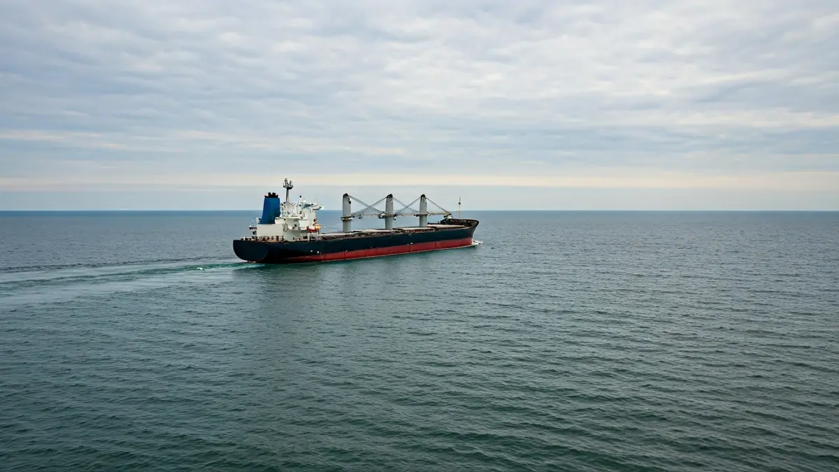Image of a cargo ship at sea, with a trail of waste.