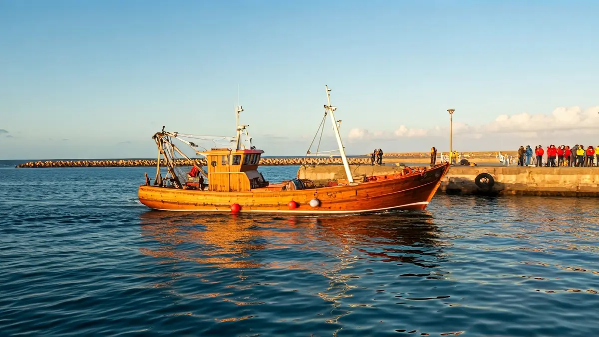 Cayuco arriving at La Estaca port in El Hierro with migrants on board.