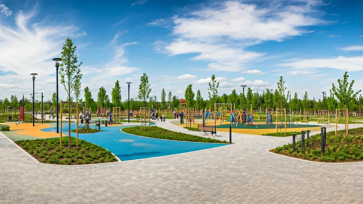 Imagen genérica de un parque urbano moderno con áreas de juego y zonas verdes.