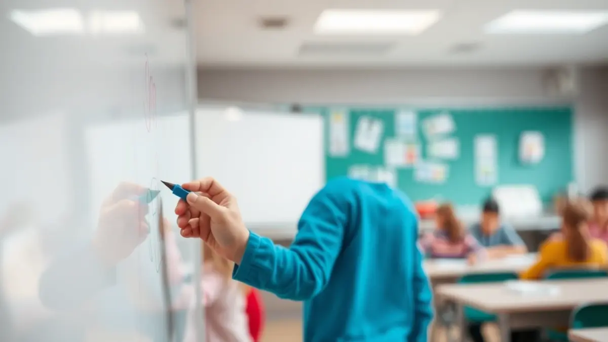 Imagen genérica de un aula moderna con niños dibujando en una pizarra, simbolizando la educación inclusiva.