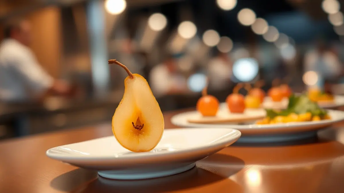 Pincho gourmet en forma de pera, con ingredientes de La Rioja y queso de cabra.