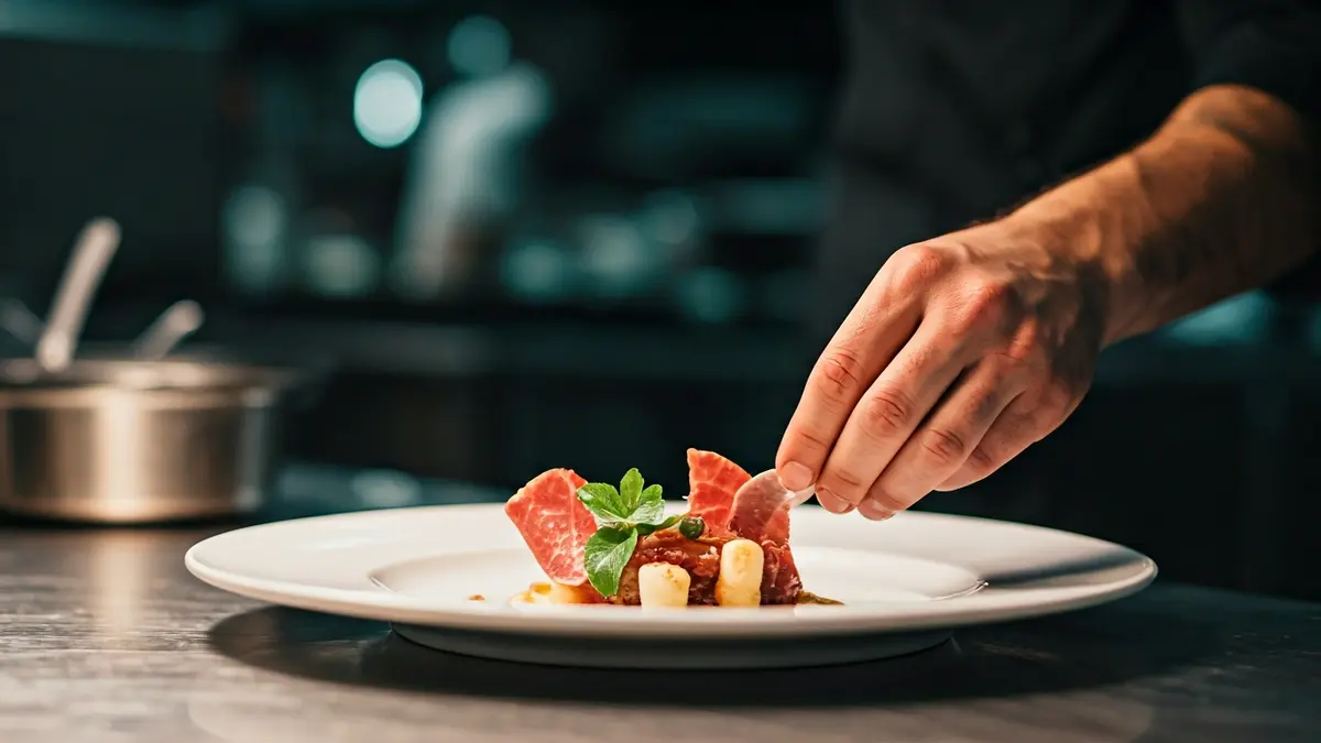 Imagen genérica de un chef emplatando un plato gourmet en una cocina profesional.