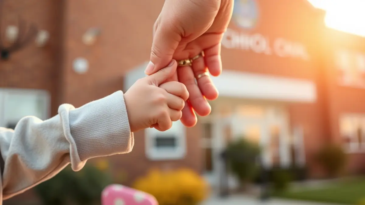 Image of a child's small hand holding an adult's finger, with a blurred school building in the background.