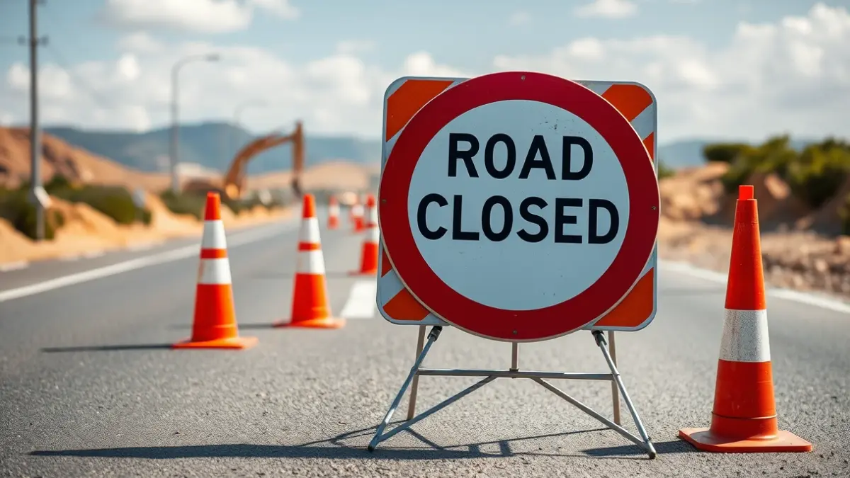 Generic image of a road closure sign and traffic cones.