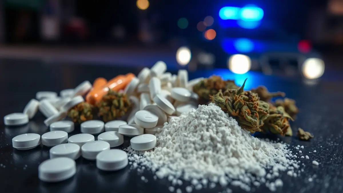 Generic image of various seized drugs, including MDMA, cocaine, and cannabis.