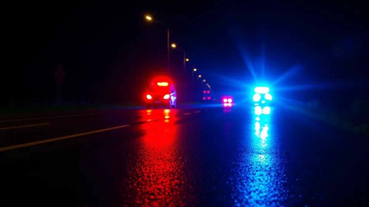 Generic image of emergency lights reflected on wet asphalt.
