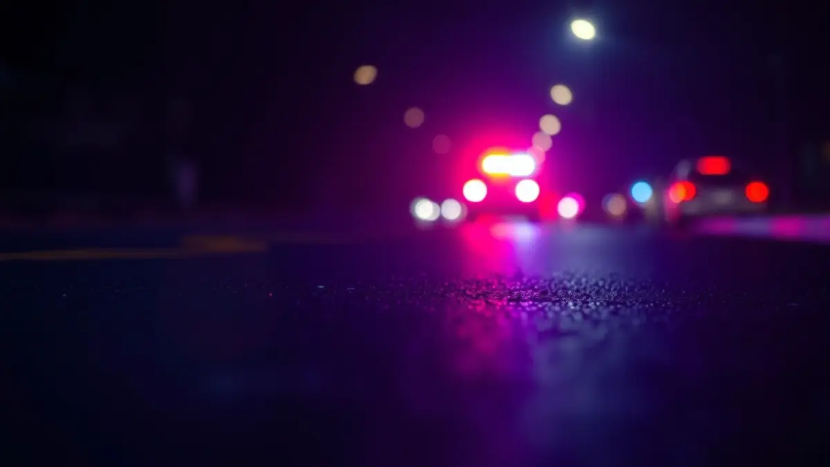Generic image of emergency lights reflecting on wet asphalt.