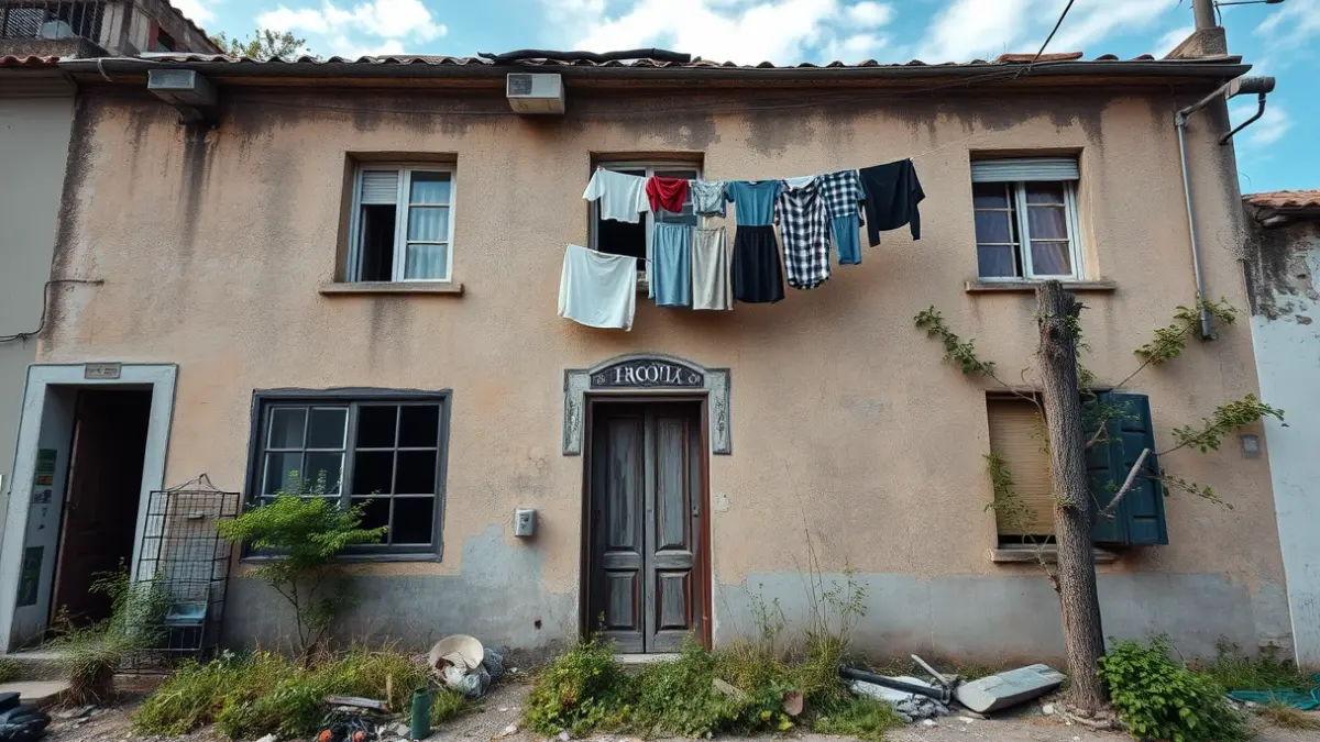 Facade of an old, deteriorated building with clothes hanging from windows, in an urban setting.