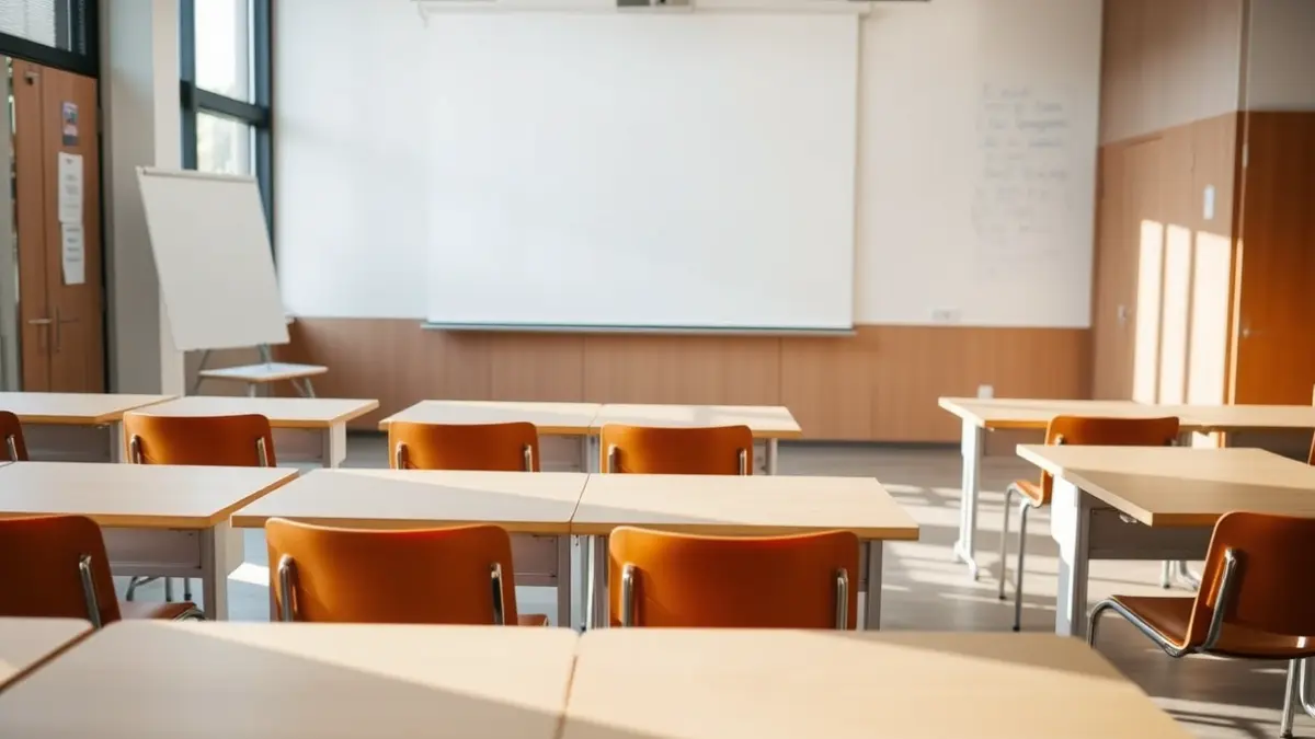Imagen genérica de un aula moderna y vacía, con mesas y sillas, y una pizarra.