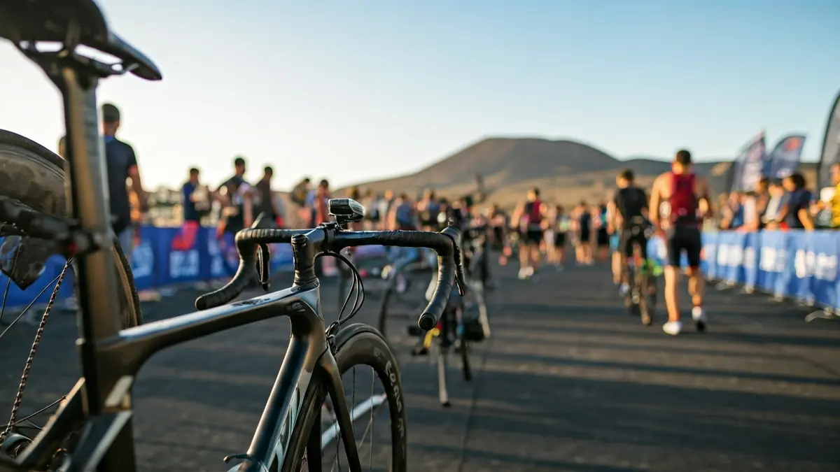 Imagen genérica de una zona de transición de triatlón con bicicletas y atletas borrosos.