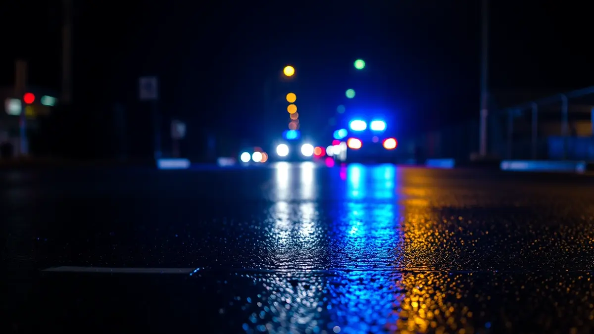 Generic image of police emergency lights reflecting on wet asphalt.