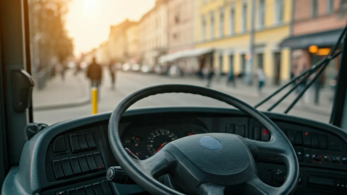 Generic image of a bus steering wheel with dashboard and a blurred urban street in the background.