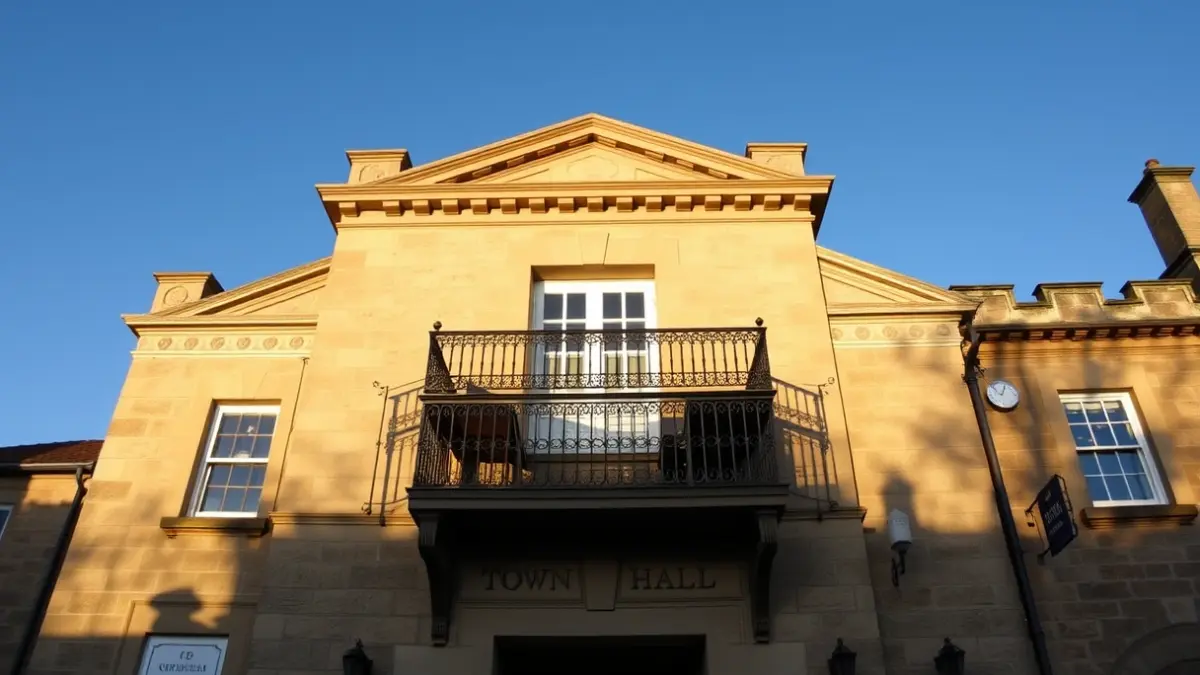 Stone town hall facade with balcony and iron railings, under warm afternoon sunlight.