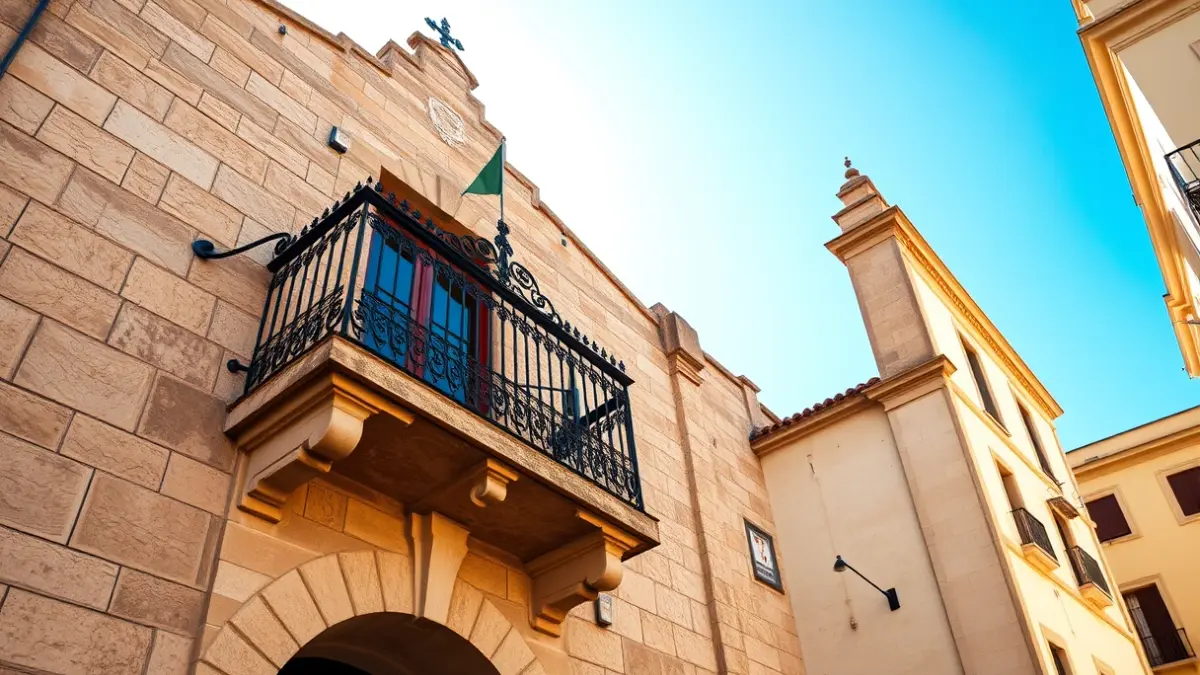 Facade of a Canarian town hall with wrought iron balcony under sunlight.