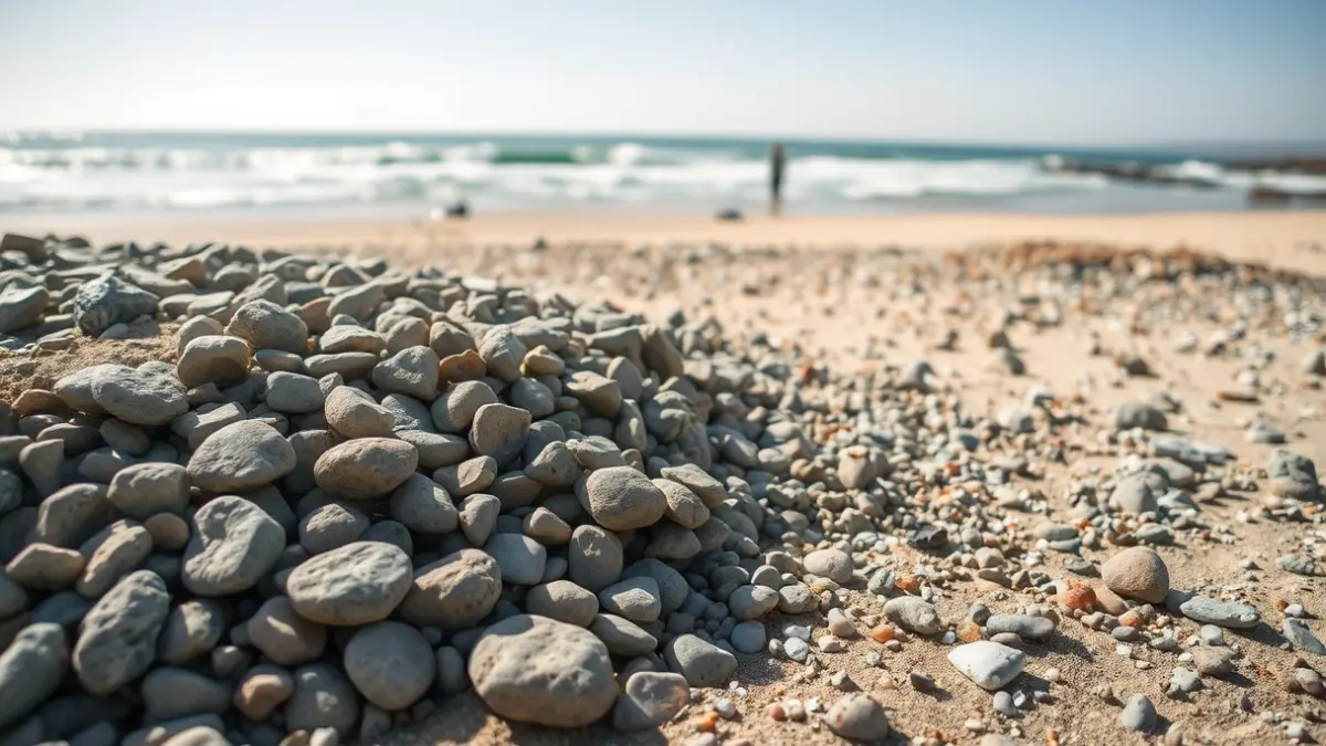 Vista de la playa de La Cícer con acumulación de piedras y escarpes tras los temporales.