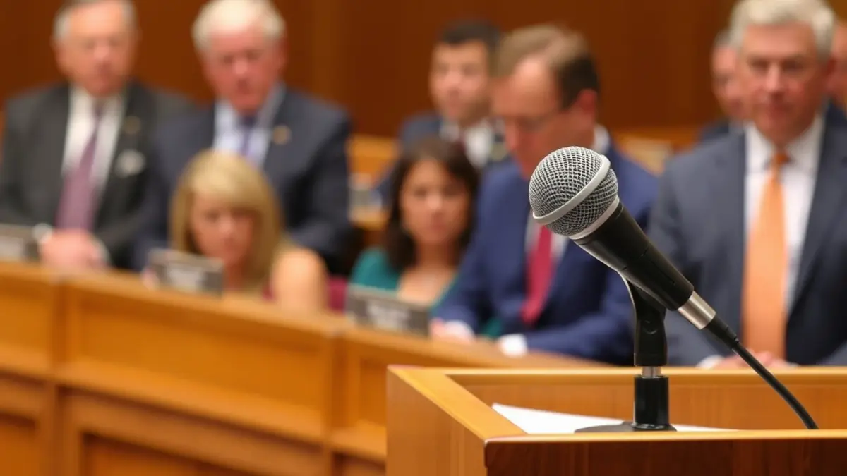 Generic image of a microphone on a podium, symbolizing a political announcement or meeting.