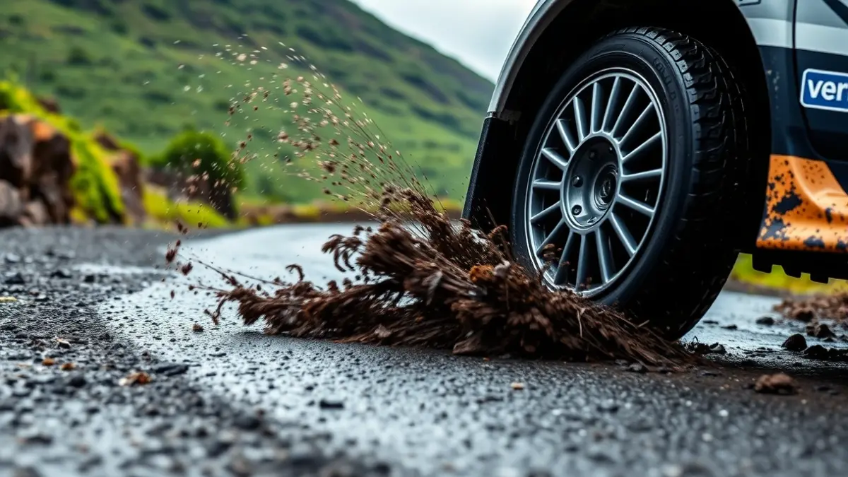 Image of a rally car on a wet road during a competition.
