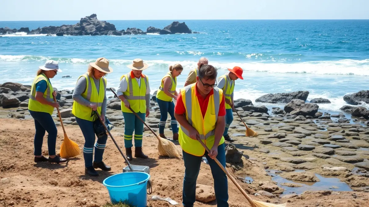 Image of people performing cleaning tasks in a coastal area.