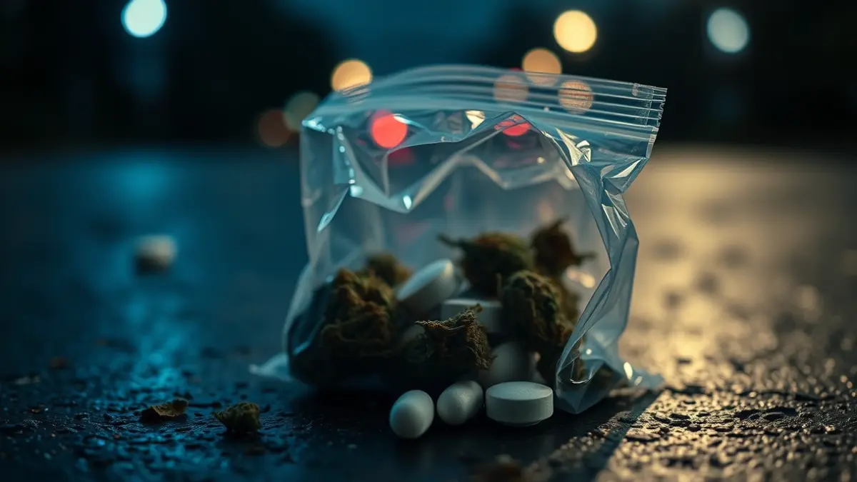Imagen de drogas incautadas, incluyendo marihuana y pastillas de MDMA.