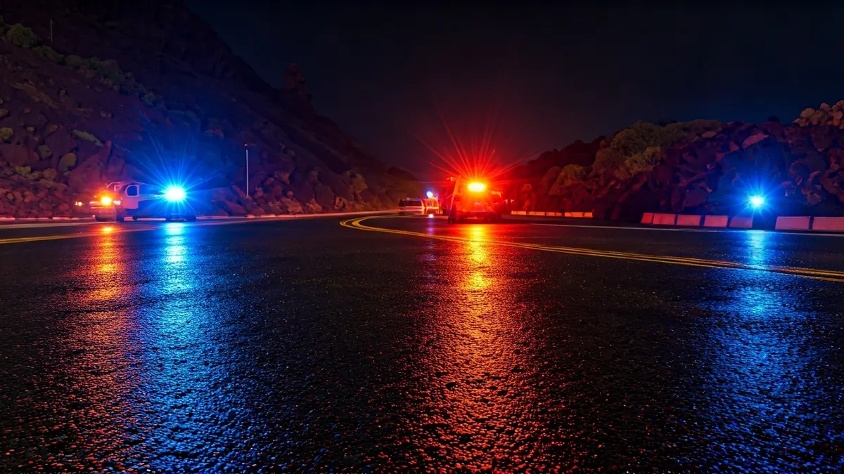 Imagen genérica de luces de emergencia reflejadas en el asfalto mojado.