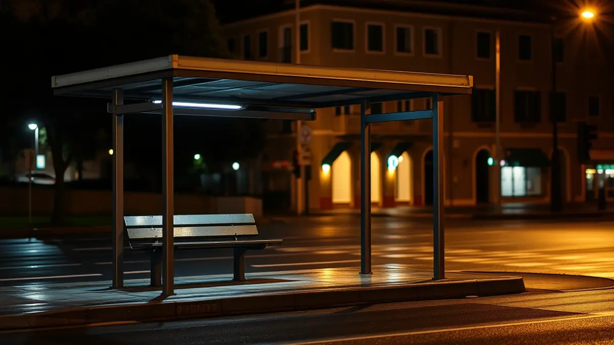 Imagen genérica de una parada de autobús por la noche, con luces de la calle y edificios borrosos al fondo.