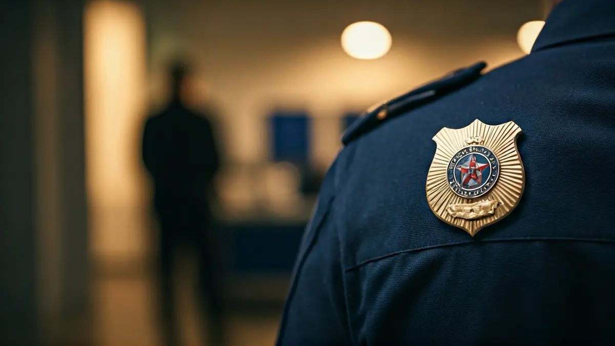 Imagen genérica de un emblema policial, con el fondo de una comisaría borroso.