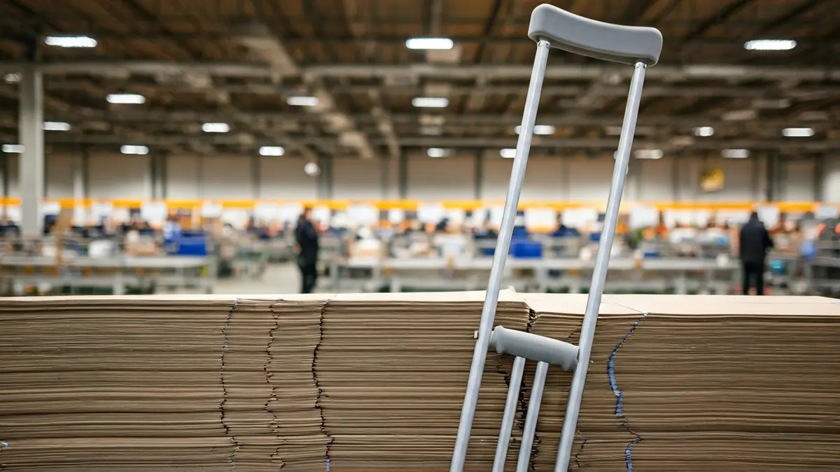 Imagen de una muleta apoyada en paquetes de correo en un almacén logístico.