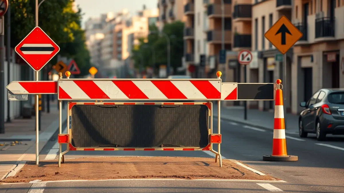 Obras de reparación en una calle de Las Palmas de Gran Canaria con señalización de desvío de tráfico.