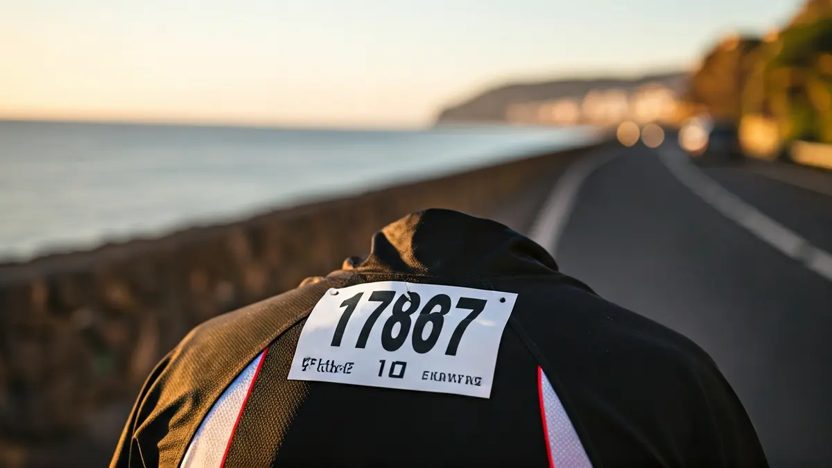 Imagen de un dorsal de triatlón con un paisaje costero de Gran Canaria de fondo.