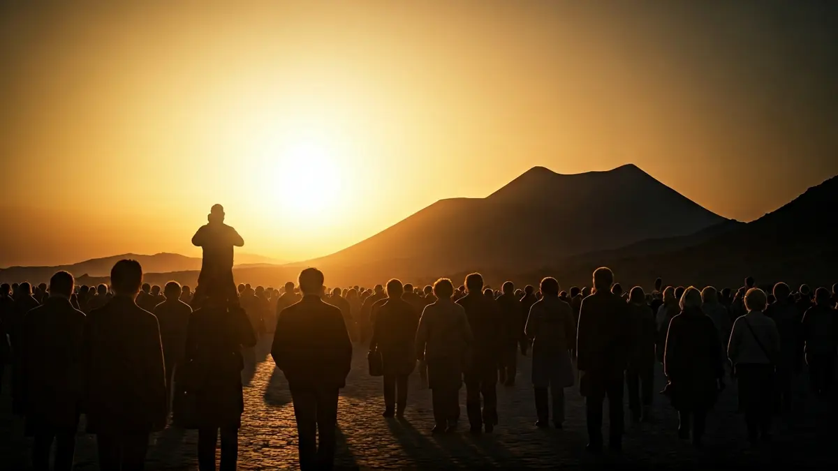 Imagen artística que sugiere cine y un paisaje volcánico, con elementos que evocan memoria y reconstrucción.