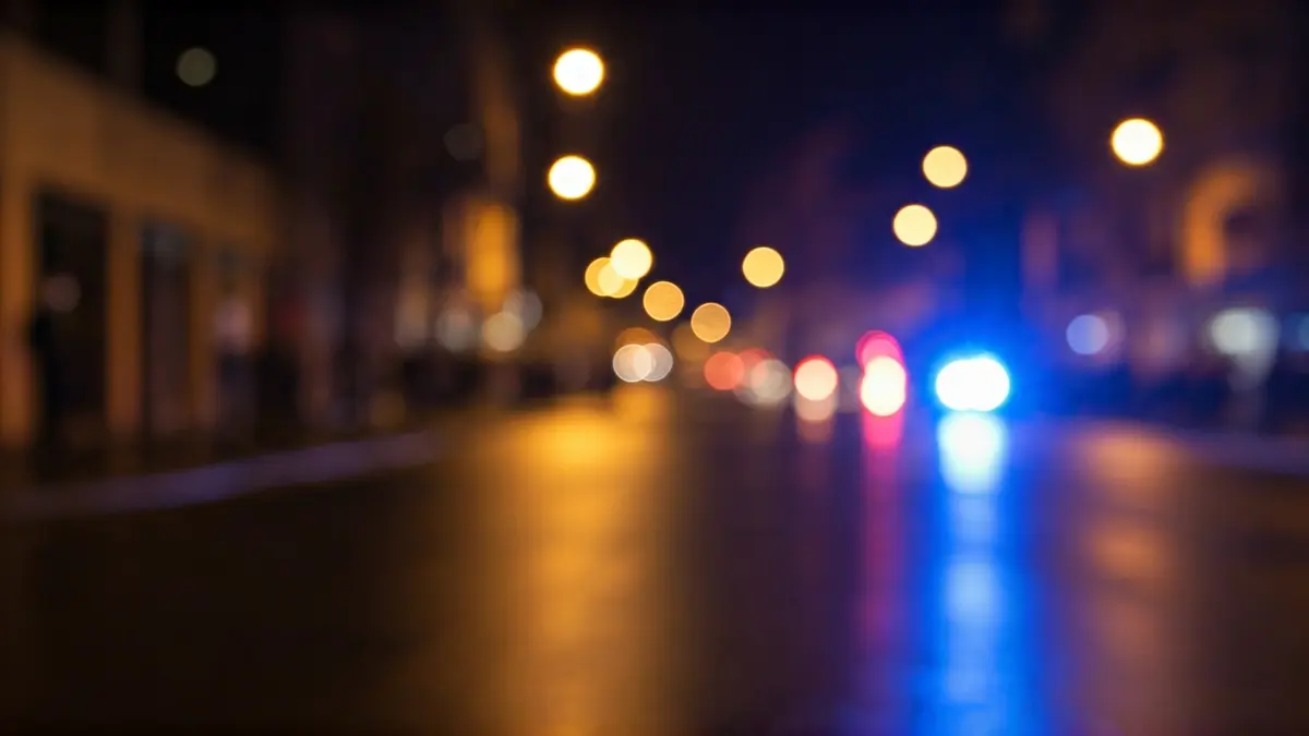 Generic image of police emergency lights reflecting on wet asphalt.